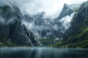 Serene fjords and misty cliffs - obrazy, fototapety, plakaty