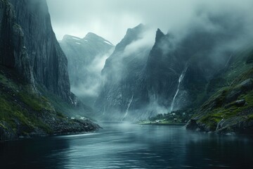 Serene fjords and misty cliffs - obrazy, fototapety, plakaty