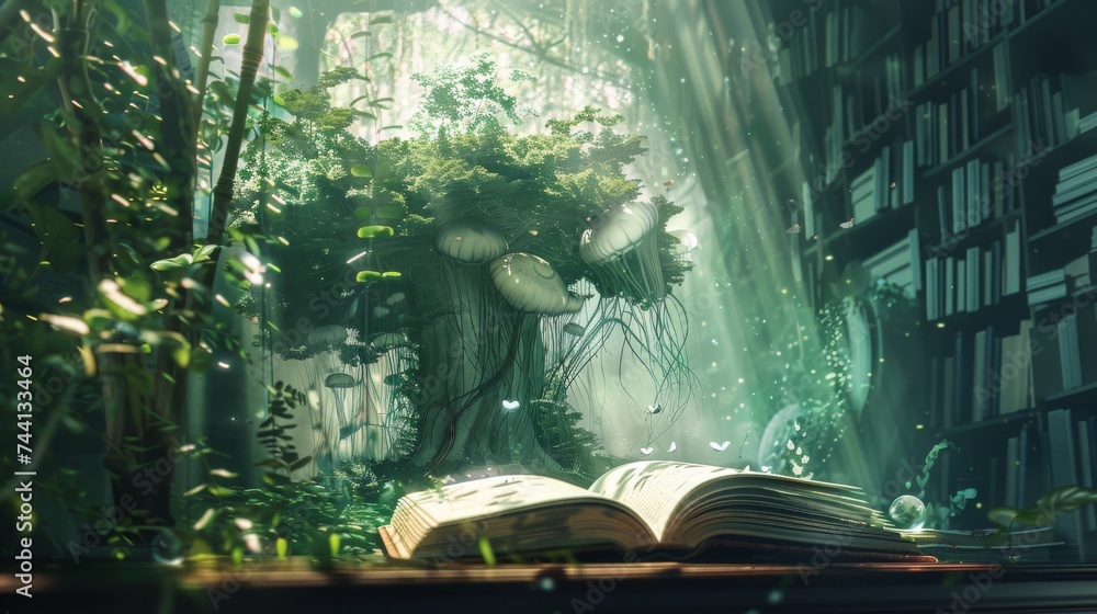 Poster a vibrant plant stands tall, basking in the soft green light pouring through the open window, its pa