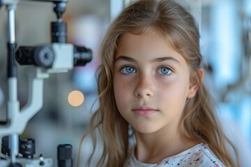 A child with clear blue eyes undergoes a vision examination against the background of ophthalmic equipment.
Concept: eye health in children, pediatric ophthalmological services, diagnosis of vision  - obrazy, fototapety, plakaty