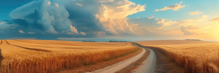 Golden sunset on a rural country road - obrazy, fototapety, plakaty