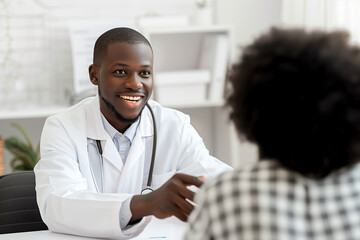 Smiling doctor consulting with patient in clinic