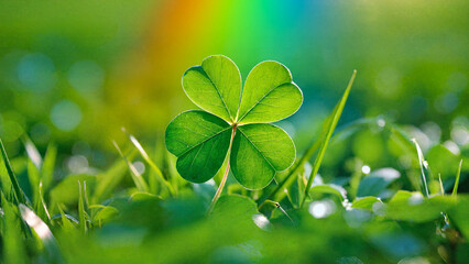 st patrick's day, shamrock close up against rainbow light background