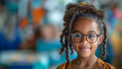 A child smiles wearing glasses against a plain background. Banner, copy space. Concept: eye health and safety awareness month for children and adults