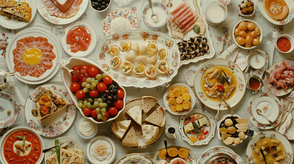 table full of different types of food, top down view 