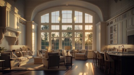 A serene dawn breaks through the large bay windows of a new traditional style luxury home, casting soft, natural light across the living room and kitchen. - obrazy, fototapety, plakaty