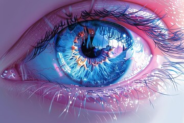 human eye is blue with an expressive multi-colored iris surrounded by long eyelashes against the background of the skin. Concept: Ophthalmology, Eye Health and Safety Awareness Month for Children and  - obrazy, fototapety, plakaty