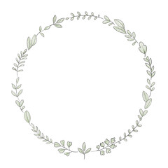Round frame with varied simple small leaves and twigs isolated on white background. Watercolor hand drawn illustration
