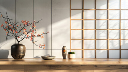 Minimal and cozy counter mockup design for showcasing products against a Japanese-style backdrop