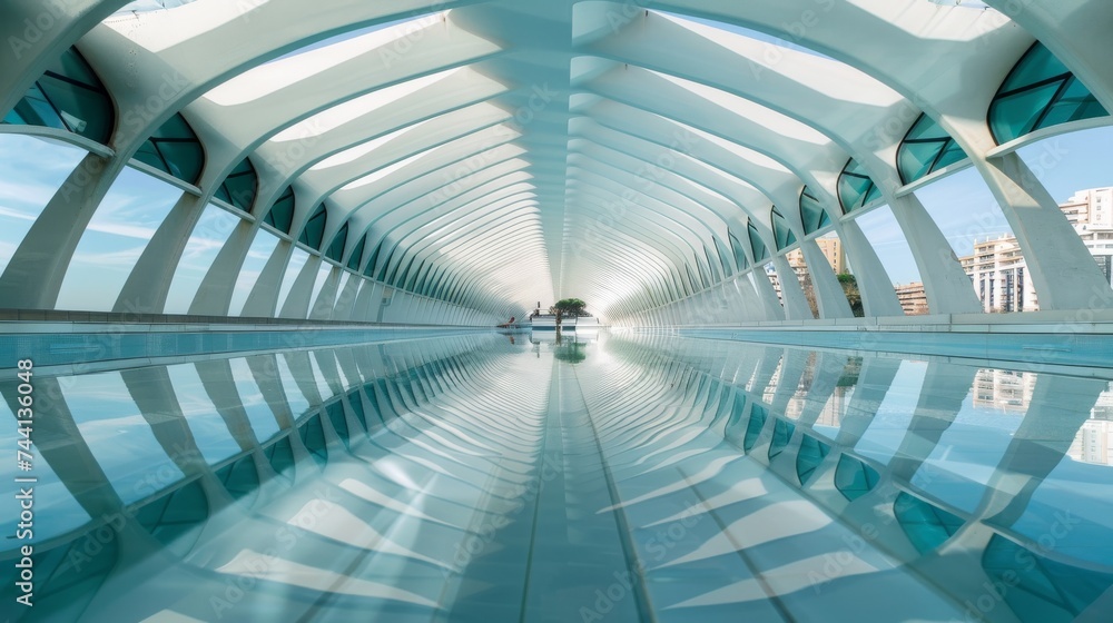 Poster A serene pool with a striking white roof, reflecting the beauty of symmetry and basking in natural daylight, creating a harmonious balance within the modern building