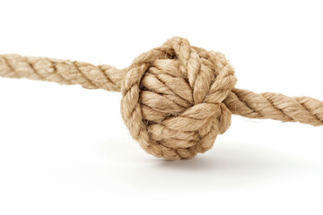 Close-up of a tightly knotted, beige-colored rope against a white background