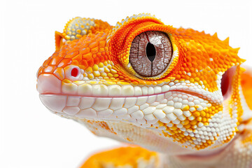 Close-up of a brightly colored gecko isolated on white background