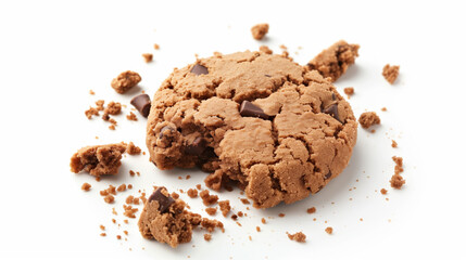 A crumbled chocolate chip cookie with visible chunks of chocolate and scattered crumbs isolated on white background