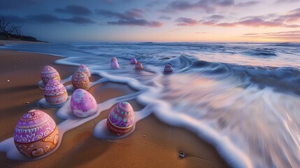 At the break of dawn, a secluded beach becomes a canvas for a splendid display. Easter eggs, each a masterpiece of design, are scattered with precision along the waterline. - obrazy, fototapety, plakaty