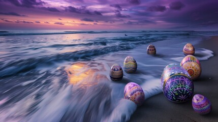 At the break of dawn, a secluded beach becomes a canvas for a splendid display. Easter eggs, each a masterpiece of design, are scattered with precision along the waterline. - obrazy, fototapety, plakaty