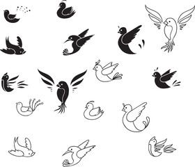 set of black and white birds