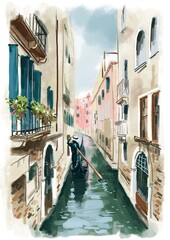Beautiful street in Venice. Сanal gondola and gondolier with oar. Aquarelle painting. Watercolor digital illustration 