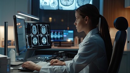 a female doctor diligently working on a computer in her office, analyzing MRI scan and test results of a patient, the professionalism and expertise of the doctor.
