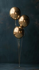 three gold balloons floating against a dark background, The ample empty space allows for text placement, perfect for conveying messages of celebration or festivity.