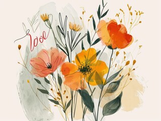 Simple yet captivating design, showcasing soft flowers and the word 'Love' in a lovely font. Valentine's day, wedding card, greeting card, watercolor illustration.