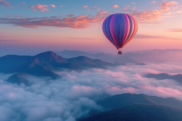 Hot air balloon soars over cloud-shrouded mountains at sunrise