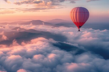 Scenic sunrise view with colorful hot air balloon over misty peaks