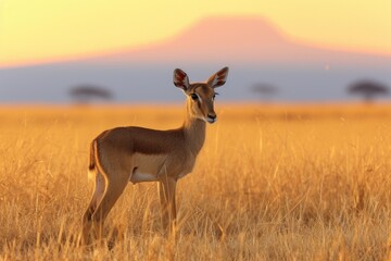 Naklejka na ściany i meble Golden hour of tranquility with a lone dik-dik in the African savannah