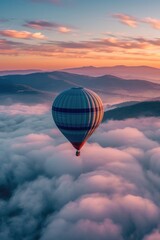 Hot air balloon soars over cloud-shrouded mountains at sunrise