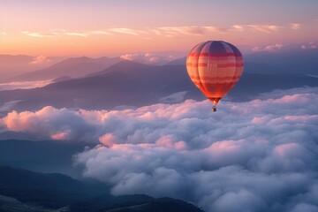 Scenic sunrise view with colorful hot air balloon over misty peaks