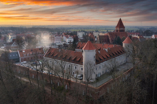 Teutonic castle in Paslek city at sunset, Poland.