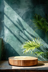 Minimal Wooden Podium Display with Nature Concept Featuring Sunlight Shadow and Palm Leaf on Green