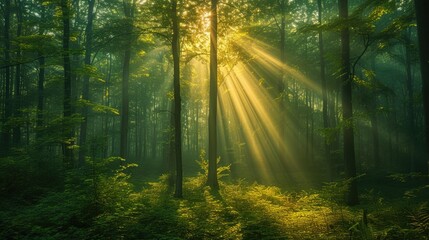 Naklejka premium Magical morning light in a dense green forest
