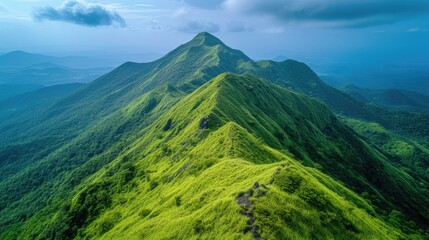 A lush green peak rising above the serene valleys