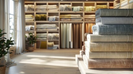 Obraz premium various fabrics in a modern-style fabric shop, highlighting their high quality and versatility, aesthetically pleasing and fitting for a lifestyle magazine feature.