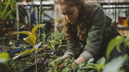 Female botanist planting plants in a plant nursery