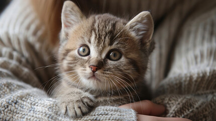 The British Shorthair enjoys being petted by a woman's hand, making the kitten happy - 744138660