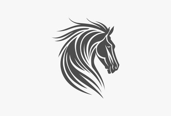 Vector silhouette of a horse's head. Black Sketch Drawing Tattoo Line Art Illustration. Design Icon for sport, wild, horse, Stallion, mustang, farm, freedom, race, speed, fast, power, wildlife, riding - obrazy, fototapety, plakaty