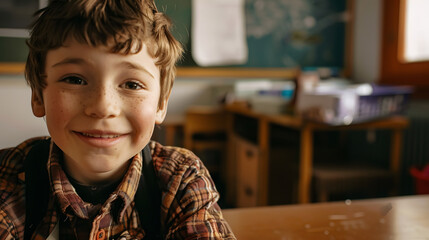 Portrait of a child student in his classroom smiling sitting at a desk in the classroom