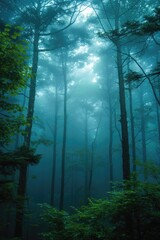 Serene forest fog: peaceful misty morning among tall trees