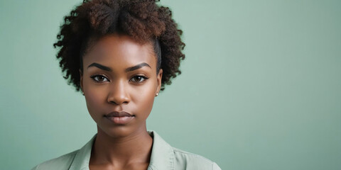 Photo Of A Stubborn African American Woman Model With A Brown Hair Isolated On A Flat Blurred Lightseagreen Background With Copy Space, Banner Template. - obrazy, fototapety, plakaty