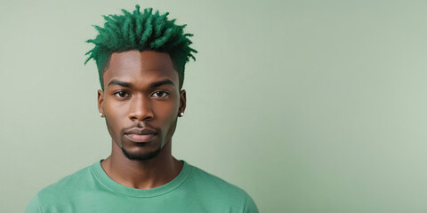 Photo Of A Humiliated African American Male Model With A Green Hair Isolated On A Flat Blurred Mintcream Background With Copy Space, Banner Template.