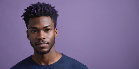 Photo Of A Caring African American Male Model With A Dark Blue Hair Isolated On A Flat Blurred Purple Background With Copy Space, Banner Template.