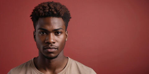 Photo Of A Pitiful African American Male Model With A Light Brown Hair Isolated On A Flat Blurred Red Background With Copy Space, Banner Template.