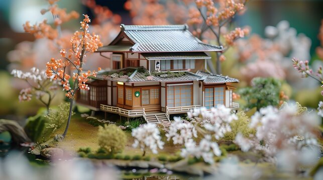 Miniature traditional japanese house surrounded by cherry blossoms. model home art, perfect for display and collectors. tilt-shift photography style. AI
