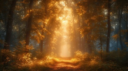 Fototapeta na wymiar Sunny path: a magical journey through the autumn forest