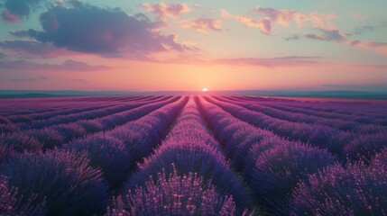 As the sun sets behind the horizon, the vibrant purple lavender field stands tall amidst the golden sky, evoking a sense of tranquility and the beauty of nature