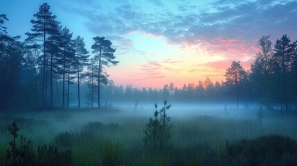 Fototapeta na wymiar Misty dawn in a lush forest