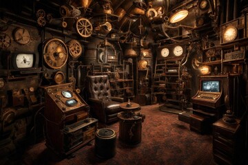 The steampunk cinema, adorned with Victorian-inspired gadgets, added a touch of retro-futurism to the cinematic experience.  - obrazy, fototapety, plakaty