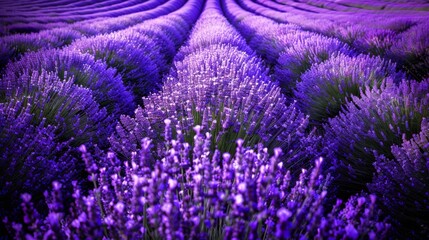 Obraz premium An enchanting landscape of lush purple lavender plants in neat rows, surrounded by vibrant green grass, evoking a peaceful spring scene in the french countryside