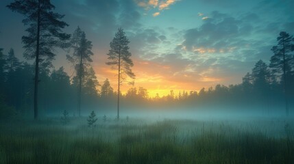 Sunrise in a fog-shrouded forest